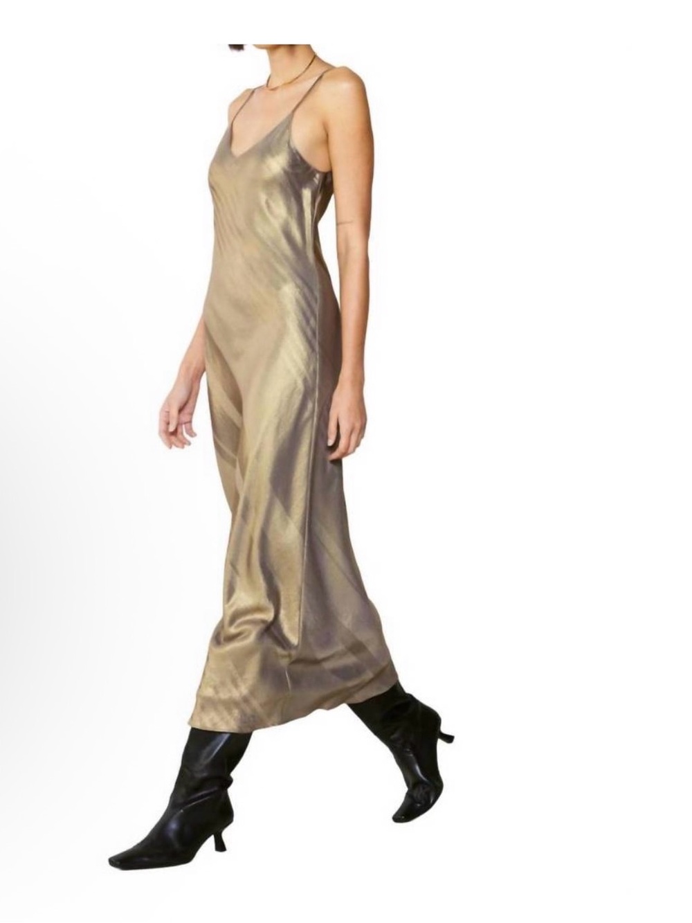CURRENT AIR Slip Dress Gold Metallic Striped Sleeveless Maxi Sz M Evening AA24